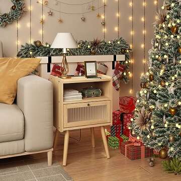 Mid Century Modern Nightstand with Charging Station, Bedside Tables with Glass Door, End Table Side Table with 2 Tiers Storage Space, for Bedroom, Living Room, Natural