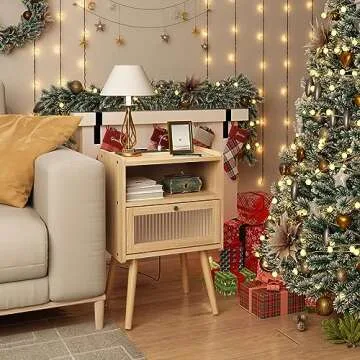 Mid Century Modern Nightstand with Charging Station, Bedside Tables with Glass Door, End Table Side Table with 2 Tiers Storage Space, for Bedroom, Living Room, Natural