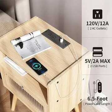 Mid Century Modern Nightstand with Charging Station, Bedside Tables with Glass Door, End Table Side Table with 2 Tiers Storage Space, for Bedroom, Living Room, Natural