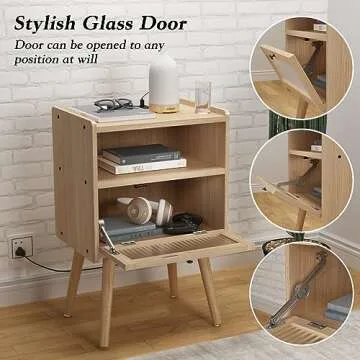 Mid Century Modern Nightstand with Charging Station, Bedside Tables with Glass Door, End Table Side Table with 2 Tiers Storage Space, for Bedroom, Living Room, Natural