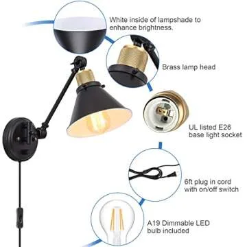 TRLIFE Wall Sconce Plug in, Dimmable Wall Sconce Wall Lights with Plug in Cord and Dimmer On/Off Knob Switch, Swing Arm Wall Light for Bedside Bedroom Stairway Living Room(1 Pack, 1 Bulb Included)