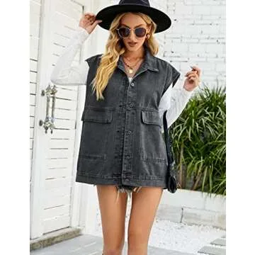 Perbai Women's Distressed Denim Vest with Hood and Pockets