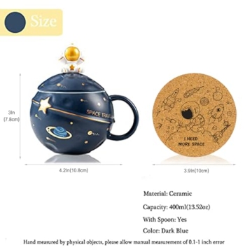 Yalucky Kawaii Astronaut Cup Space Embossed Planet Mug, Cute Ceramic Coffee Mug, Novelty Mug with Lid and Spoon for Coffee, Tea, Milk, Aesthetic Room Decor Funny Gift for Girl Boy Women (Dark blue)