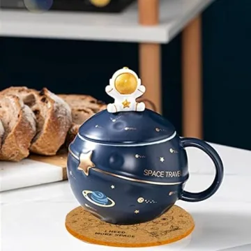 Yalucky Kawaii Astronaut Cup Space Embossed Planet Mug, Cute Ceramic Coffee Mug, Novelty Mug with Lid and Spoon for Coffee, Tea, Milk, Aesthetic Room Decor Funny Gift for Girl Boy Women (Dark blue)