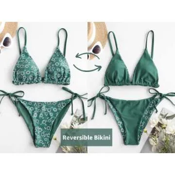 ZAFUL Women's Triangle Bikini Floral String Bikini Set Two Piece Swimsuit Bathing Suits (2-Greenish Blue, M)