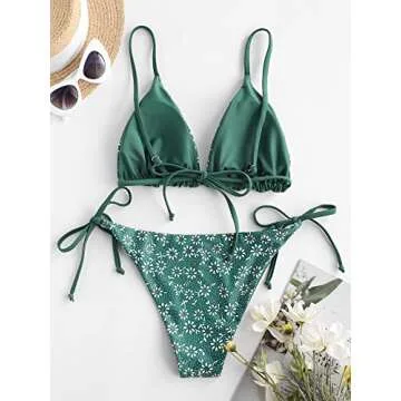 ZAFUL Women's Triangle Bikini Floral String Bikini Set Two Piece Swimsuit Bathing Suits (2-Greenish Blue, M)