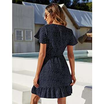 Naggoo Women's Summer Wrap V Neck Polka Dot Print Ruffle Short Sleeve Mini Dress with Belt Navy Blue S