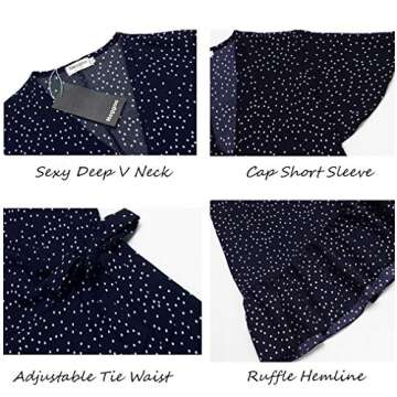 Naggoo Women's Summer Wrap V Neck Polka Dot Print Ruffle Short Sleeve Mini Dress with Belt Navy Blue S