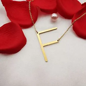 MOMOL Sideways Initial Necklace 18K Gold Plated Stainless Steel Large Big Letters F Pendant Necklace Script Name Monogram Necklaces for Women