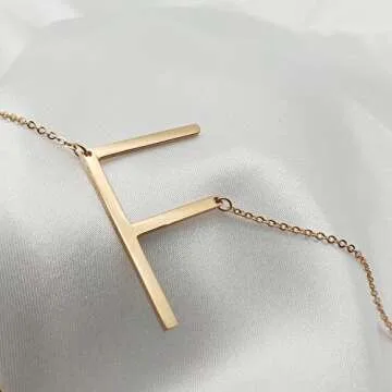 MOMOL Sideways Initial Necklace 18K Gold Plated Stainless Steel Large Big Letters F Pendant Necklace Script Name Monogram Necklaces for Women