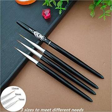 FULINJOY Nail Art Liner Brushes, 7mm/9mm/11mm UV Gel Painting Nail Art Design Brush Metal Handle Nai...