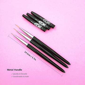 FULINJOY Nail Art Liner Brushes, 7mm/9mm/11mm UV Gel Painting Nail Art Design Brush Metal Handle Nail Drawing Pens (3PCS, Black)