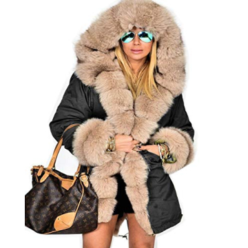 Roiii Women Thicken Warm Winter Coat Hood Down Parka Fleece Fur Outdoor Overcoat Long Jacket Outwear