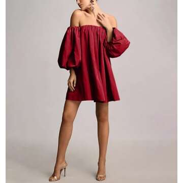 Bnigung Womens Off The Shoulder Summer Dresses 2024 Short Puff Sleeve Casual Mini Dress(Wine,L)