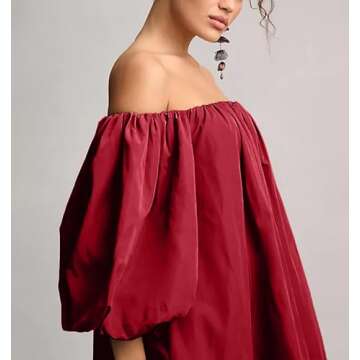 Bnigung Womens Off The Shoulder Summer Dresses 2024 Short Puff Sleeve Casual Mini Dress(Wine,L)