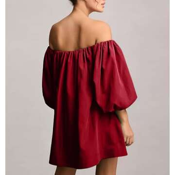 Bnigung Womens Off The Shoulder Summer Dresses 2024 Short Puff Sleeve Casual Mini Dress(Wine,L)