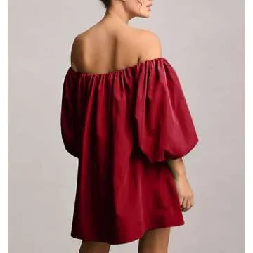 Bnigung Womens Off The Shoulder Summer Dresses 2024 Short Puff Sleeve Casual Mini Dress(Wine,L)