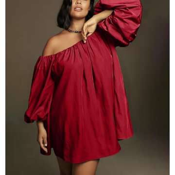 Bnigung Womens Off The Shoulder Summer Dresses 2024 Short Puff Sleeve Casual Mini Dress(Wine,L)
