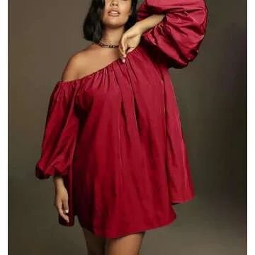 Bnigung Womens Off The Shoulder Summer Dresses 2024 Short Puff Sleeve Casual Mini Dress(Wine,L)