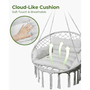 Greenstell Hammock Chair, Macrame Swing Chair with Comfy Cushion, Boho Hanging Chair for Outdoor & Indoor, Perfect for Bedroom, Patio, Balcony, Hold up to 350Lbs, Grey