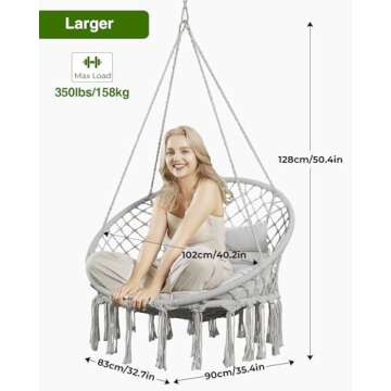 Greenstell Hammock Chair, Macrame Swing Chair with Comfy Cushion, Boho Hanging Chair for Outdoor & Indoor, Perfect for Bedroom, Patio, Balcony, Hold up to 350Lbs, Grey