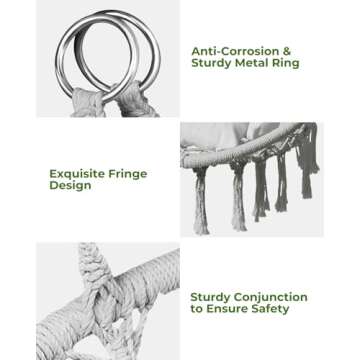 Greenstell Hammock Chair, Macrame Swing Chair with Comfy Cushion, Boho Hanging Chair for Outdoor & Indoor, Perfect for Bedroom, Patio, Balcony, Hold up to 350Lbs, Grey