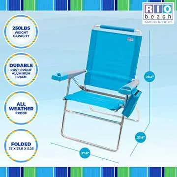 Rio Brands 17" Extended Height 4-Position Folding Beach, Camping, Lawn Chair, Turquoise