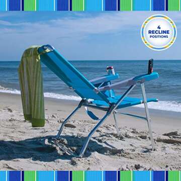 Rio Brands 17" Extended Height 4-Position Folding Beach, Camping, Lawn Chair, Turquoise