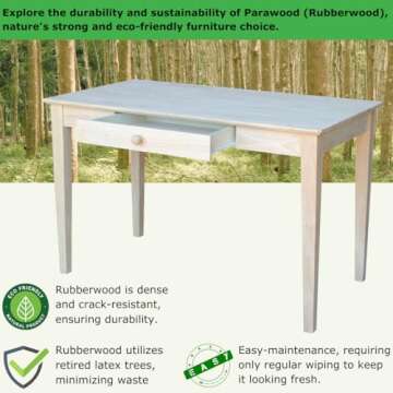 IC International Concepts, Writing Desk With Drawer, Solid Real Wood, Sturdy Parawood, Dimensions 19.41"W x 15"D x 2.36"H, Home Office/Study, Paint/Stain Ready, Unfinished