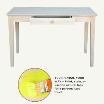 IC International Concepts, Writing Desk With Drawer, Solid Real Wood, Sturdy Parawood, Dimensions 19.41"W x 15"D x 2.36"H, Home Office/Study, Paint/Stain Ready, Unfinished