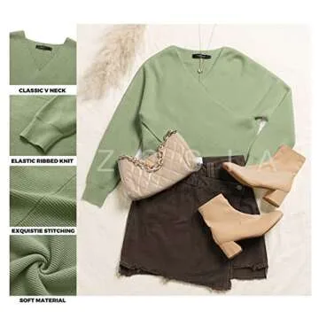 ZCSIA Women's Wrap V Neck Cropped Sweaters 2024 Fall Long Sleeve Cross Front Off Shoulder Solid Knitted Pullover Tops,Green,Small