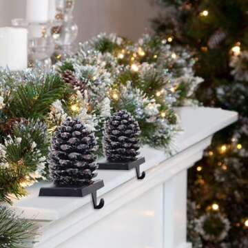 QIKSION Pinecones Stocking Holders for Mantle, Weighted Stocking Hangers for Mantel, Retro Bronze Christmas Stocking Holders for Holiday Decorations - 2 Pack