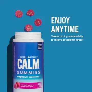 Natural Vitality CALM, Magnesium Citrate Supplement, Stress Relief Gummies, Supports a Healthy Response to Stress, Gluten Free, Vegan, Raspberry Lemon Flavored, 60 Gummies