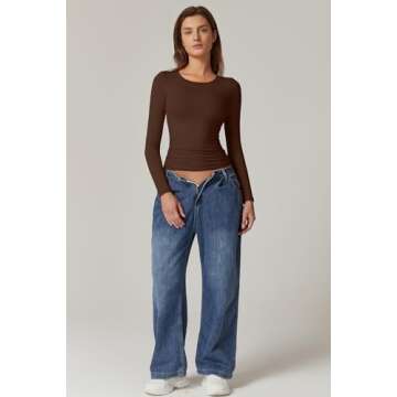 QINSEN Double Lined Long Sleeve Shirts for Women Crewneck Ruched Slim Fit Y2k Tops Going Out Tees Mocha S