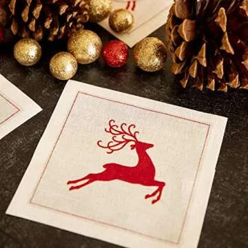 Five Star Napkins Reindeer Christmas Cocktail Napkins - White Linen - 4.5" x 4.5" - Single Use - Party, Events, Holiday (50 x)