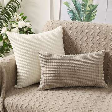 BeBen Christmas Throw Pillow Covers 18x18 - Set of 2, Decorative Euro Pillow Covers Corn Striped, Soft Corduroy Pillow Case for Couch Sofa Bed, Cream White