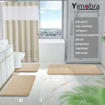 Yimobra 3 Pieces Memory Foam Bath Mat Sets, 31.5 x 19.8 + 17x24 and U-Shaped for Bathroom Rugs, Toilet Mats, Non-Slip, Soft Comfortable, Water Absorption, Machine Washable, Beige