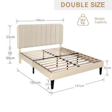 VECELO Full Size Upholstered Bed Frame with Adjustable Headboard, Velvet Platform Bedframe Mattress Foundation, Strong Wood Slat Support, No Box Spring Needed, Beige