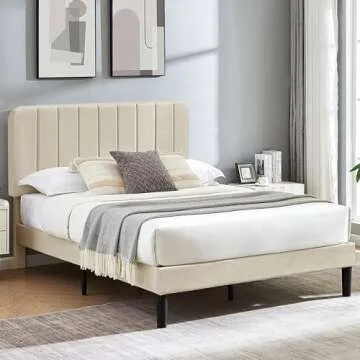VECELO Full Size Upholstered Bed Frame with Adjustable Headboard, Velvet Platform Bedframe Mattress Foundation, Strong Wood Slat Support, No Box Spring Needed, Beige