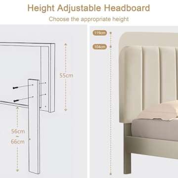 VECELO Full Size Upholstered Bed Frame with Adjustable Headboard, Velvet Platform Bedframe Mattress Foundation, Strong Wood Slat Support, No Box Spring Needed, Beige