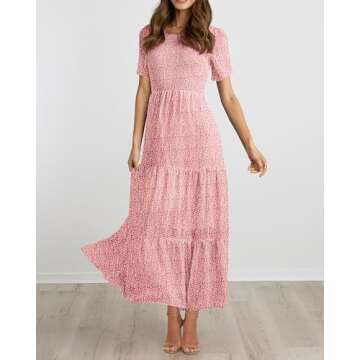 BTFBM Women Casual Short Sleeve Crew Neck Summer Dress Bohemian Floral Printed Flowy Maxi Dresses Tiered Cocktail Dress（Pink, X-Large