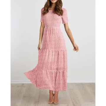 BTFBM Women Casual Short Sleeve Crew Neck Summer Dress Bohemian Floral Printed Flowy Maxi Dresses Tiered Cocktail Dress（Pink, X-Large