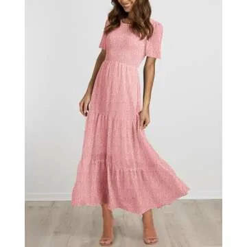 BTFBM Women Casual Short Sleeve Crew Neck Summer Dress Bohemian Floral Printed Flowy Maxi Dresses Tiered Cocktail Dress（Pink, X-Large