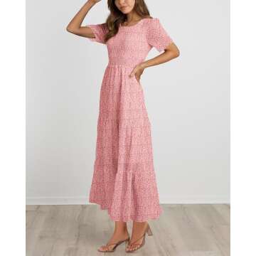 BTFBM Women Casual Short Sleeve Crew Neck Summer Dress Bohemian Floral Printed Flowy Maxi Dresses Tiered Cocktail Dress（Pink, X-Large