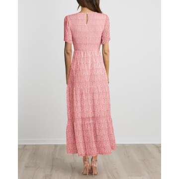 BTFBM Women Casual Short Sleeve Crew Neck Summer Dress Bohemian Floral Printed Flowy Maxi Dresses Tiered Cocktail Dress（Pink, X-Large