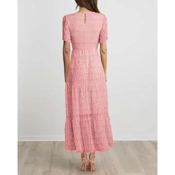 BTFBM Women Casual Short Sleeve Crew Neck Summer Dress Bohemian Floral Printed Flowy Maxi Dresses Tiered Cocktail Dress（Pink, X-Large