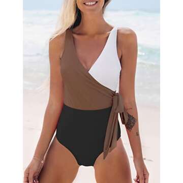 CUPSHE One Piece Swimsuit for Women Bathing Suit Wrap Tie Side V Neck Wide Straps Color Block, M