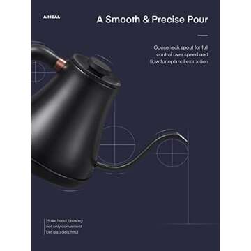 Electric Gooseneck Kettle Temperature Control, Pour Over Electric Kettle for Coffee and Tea, 100% Stainless Steel Inner, 1200W Rapid Heating, 0.8L, Built-in Stopwatch, Matte Black