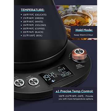 Electric Gooseneck Kettle Temperature Control, Pour Over Electric Kettle for Coffee and Tea, 100% Stainless Steel Inner, 1200W Rapid Heating, 0.8L, Built-in Stopwatch, Matte Black