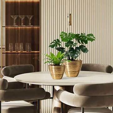 JOFAMY 3 Pack Gold Planters for Indoor Plants, 7.1/6/5 Inch Gold Plant Pot Brass Flower Pots with Drainage Hole, Silicone Plugs & Mesh Pads Ideal Gifts for Home Decor, Birthday, Wedding